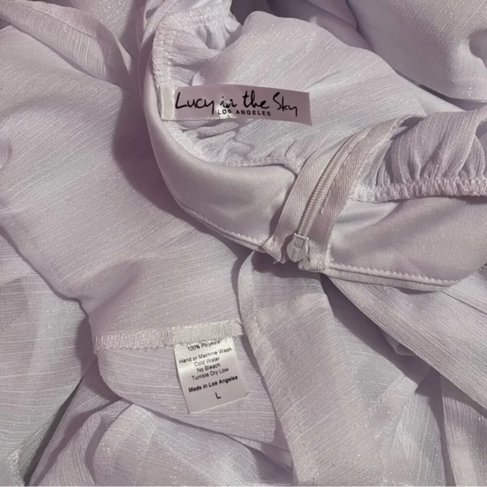 Lucy in the Sky Romper Women's Large White Shimmer Ruffle Hem Tie-Back‎ Dress